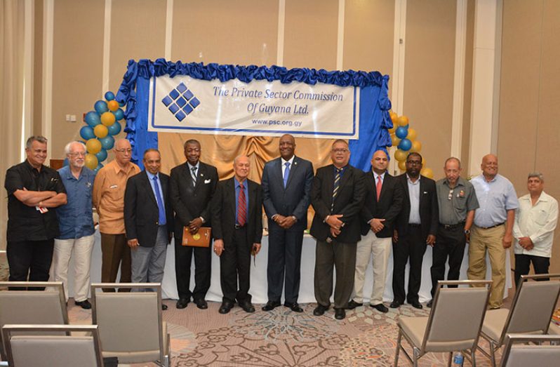 Speaker of the National Assembly, Dr. Barton Scotland, Minister of State, Mr. Joseph Harmon and Minister within the Ministry of Finance, Mr. Jaipaul Sharma
with the current Chairman, Mr. Eddie Boyer and other top executives of the Private Sector Commission (Ministry of the Presidency photo)
