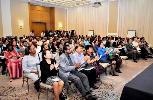Scores turned out at the social cohesion workshop held at the Marriott Hotel on Thursday. Seated in front row are from left- First Lady, Mrs. Sandra Granger;
Vice President, Khemraj Ramjattan; Vice President Sydney Allicock; Minister of Social protection, Amna Ally;Minister within the Ministry of Indigenous People’s
Affairs, Valerie Garrido-Lowe and Minister within the Ministry of Public Health, Dr Karen Cummings,along with members of the Diplomatic Corps.