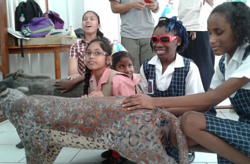 front-pic Iwokrama last Friday held an interactive session for
students of the Ministry of Education Unit for the
Blind on Albert Street. The students were able for the first time to experience life-sized representations
of various animals (made of balata), including
the caiman, jaguar, monkeys, and the capybara,
to help them and teachers understand what the
animals look like