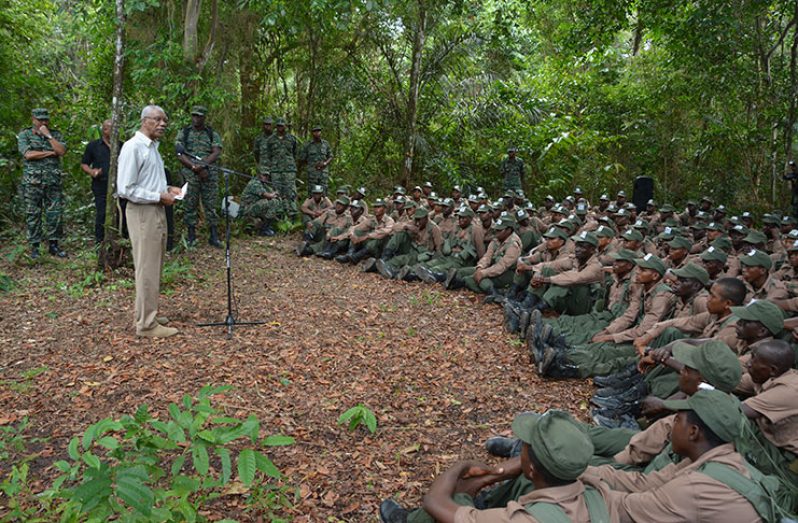 President David Granger addressing soldiers at the
Colonel Robert Mitchell Jungle and Amphibious
Training School (CRM-JATS) at Makouria in the
Essequibo River, where the Guyana People’s
Militia 2017 training camp is underway. The aim
of the training is to orient reservists to the jungle
environment and to teach them basic survival
techniques (Ministry of the Presidency photo)