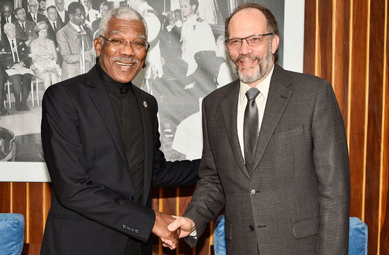 President David Granger and CARICOM Secretary-General, Ambassador Irwin LaRocque at
the Ministry of the Presidency on Wednesday morning (Ministry of the Presidency photo)