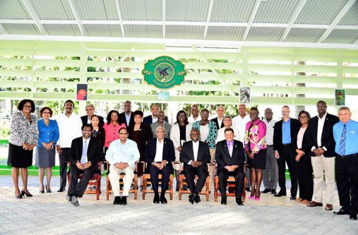 President David Granger, Prime Minister Moses Nagamootoo and Vice Presidents: Khemraj Ramjattan,
Carl Greenidge and Sydney Allicock seated in front, while other ministers stand behind for the official
photograph of the Ministerial Conference held on Tuesday at State House (MOTP photo)