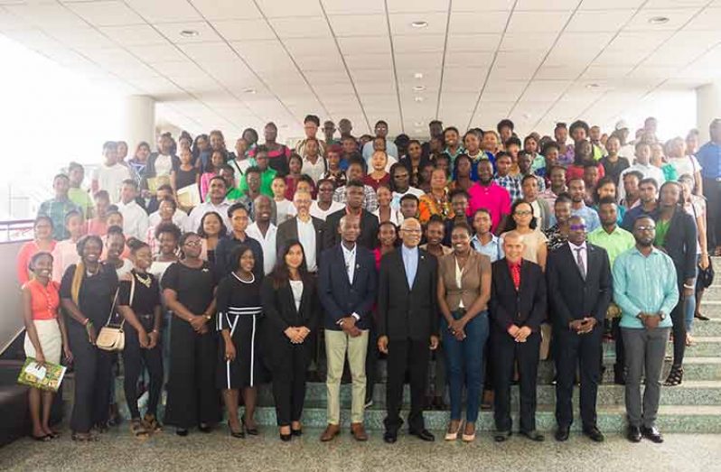 President David Granger and youth leaders at the opening of the inaugural Regional Youth Caucus held at the Arthur Chung Convention Centre (Delano Williams
photo)