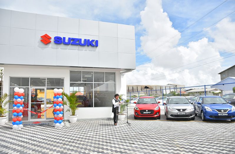 Ansa McAl Country Manager, Beverly Harper addressing the gathering at the opening of Ansa Motors Guyana Inc., which will for the first time be selling the Suzuki brand of motor vehicles here (Samuel Maughn photo)