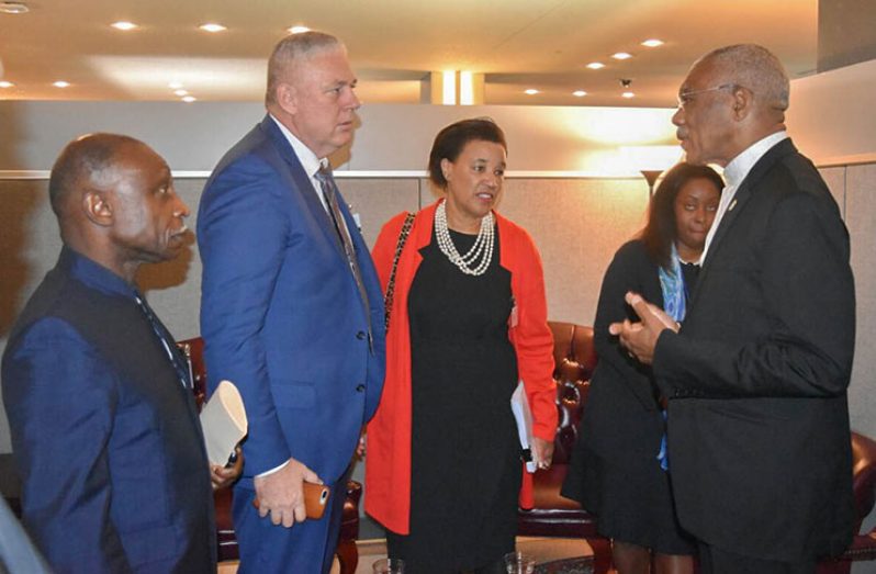 President David Granger chatting with Secretary–General of the Commonwealth, The RT. Hon. Patricia Scotland, Prime Minister
of St. Lucia Mr. Allen Chastanet and Foreign Affairs Minister, Mr. Carl Greenidge at the United Nations Headquarters in New
York (Ministry of the Presidency photo)