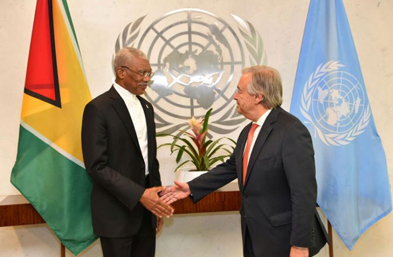 President David Granger greets United Nations Secretary-General, Mr. António Guterres on arrival at the UN Headquarters for their
meeting on Monday on the decades-old border controversy between Guyana and Venezuela