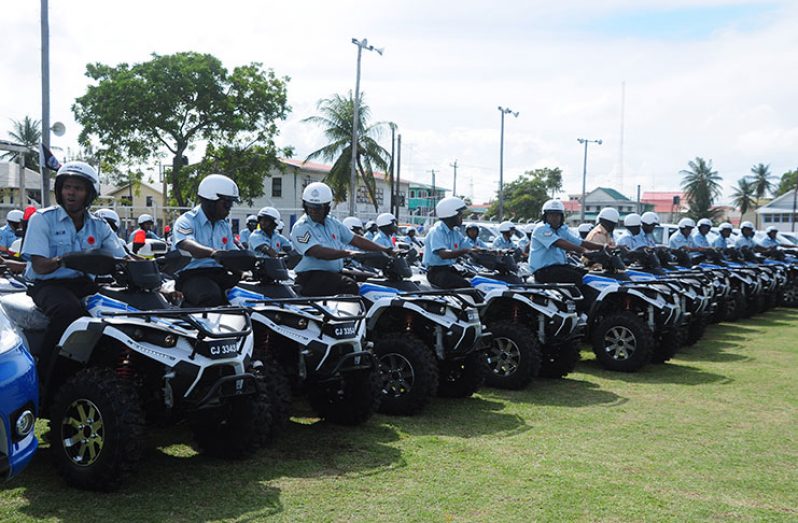 Police ranks about to test these ATVs, which will be
transferred to the hinterland to boost security patrols.
The ATVs were part of the US$2.6M donation by the
Chinese Government (Delano Williams photo)