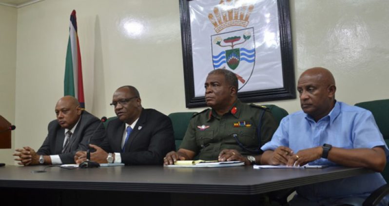 Guyana Defence Force Chief-of-Staff Mark Phillips, along with Minister of State Joseph Harmon and Minister of Governance Raphael Trotman briefig the media on Guyana's
response to Venezuela's aggression
