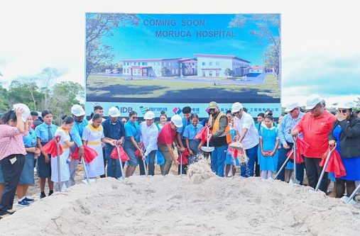 President Dr. Irfaan Ali on Tuesday lead a sod-turning exercise at the site where the Moruca Hospital will be constructed (Office of the President photo)