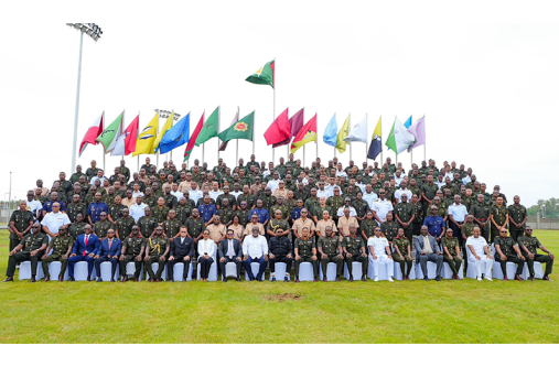 Commander-in-Chief of the Armed Forces, President Dr Irfaan Ali, outlined a comprehensive plan for the Guyana Defence Force’s Annual Officers’ Conference
(AOC), aimed at guiding the institution in a modern world. While delivering the featured address at the opening of the Conference on Thursday at Base Camp
Ayanganna, the President explained that the plan is multi-layered, designed to equip officers with the tools needed to be multifunctional in an ever-changing
landscape. He identified several key areas of focus, including partnerships, energy, environment, democratic duty, diplomacy, technology and integration. Prime
Minister, Brigadier (Ret’d) Mark Phillips and other Cabinet Ministers; Chief of Defence Staff, Brigadier Omar Khan and Heads of the Joint Services were also
present at the opening ceremony (OP photo)