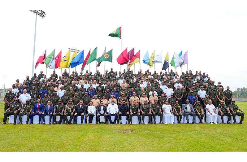 Commander-in-Chief of the Armed Forces, President Dr Irfaan Ali, outlined a comprehensive plan for the Guyana Defence Force’s Annual Officers’ Conference
(AOC), aimed at guiding the institution in a modern world. While delivering the featured address at the opening of the Conference on Thursday at Base Camp
Ayanganna, the President explained that the plan is multi-layered, designed to equip officers with the tools needed to be multifunctional in an ever-changing
landscape. He identified several key areas of focus, including partnerships, energy, environment, democratic duty, diplomacy, technology and integration. Prime
Minister, Brigadier (Ret’d) Mark Phillips and other Cabinet Ministers; Chief of Defence Staff, Brigadier Omar Khan and Heads of the Joint Services were also
present at the opening ceremony (OP photo)