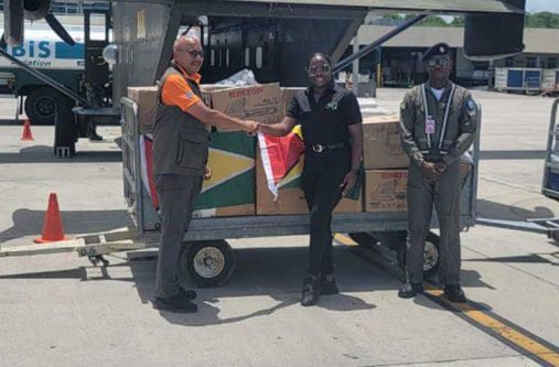 Guyana’s first shipment of relief aid to Grenada in the wake of the devastation caused by Hurricane Beryl was handed over to the island’s Minister for Climate 
Resilience, the Environment, and Renewable Energy Kerryne James, by Director-General of the Civil Defence Commission (CDC) Colonel (Ret’d) Nazrul Hus
sain at the Maurice Bishop International Airport on Tuesday. The relief items include generators, water purification tablets, batteries, hygiene items, and other 
necessities (CDC photos)