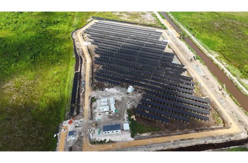 Construction of the solar farm at Charity, Essequibo Coast, is nearing
completion. It is one of two solar farms being built in Region Two, with the
second located at Onderneeming (Photo: President Irfaan Ali/Facebook)