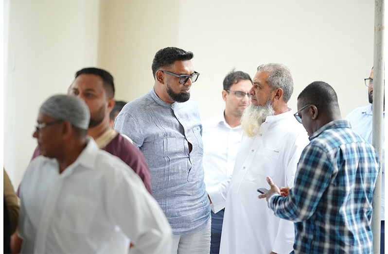 President Dr. Irfaan Ali during Friday’s visit to the Eccles Sunnatul Jamaat for the year’s first Jummah. Later, he enjoyed lunch with the congregation (OP photos)