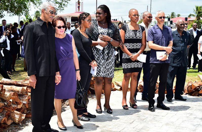 President David Granger and First Lady, Mrs. Sandra Granger, (first and second from left) and Minister of Business, Mr. Dominic Gaskin (second from right) and other relatives at the funeral service.  Minister within the Ministry of Social Protection, Mr. Keith Scott, is also pictured first from right