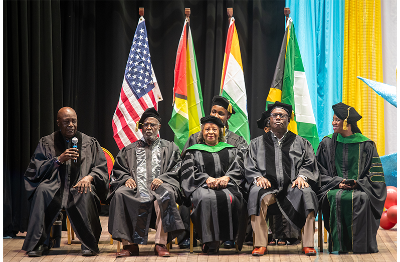 GAU’s Registrar Ed Caesar, Chairman of the Board of Directors Cyril Fox, Dean Dr. Ruth Benjamine Huntley, Board Member Dr. Rudolph Cummings, Chief Executive Officer (CEO) and President, Dr. Melissa Varswyk and other officials at the commencement ceremony held at the National Cultural Centre on Friday