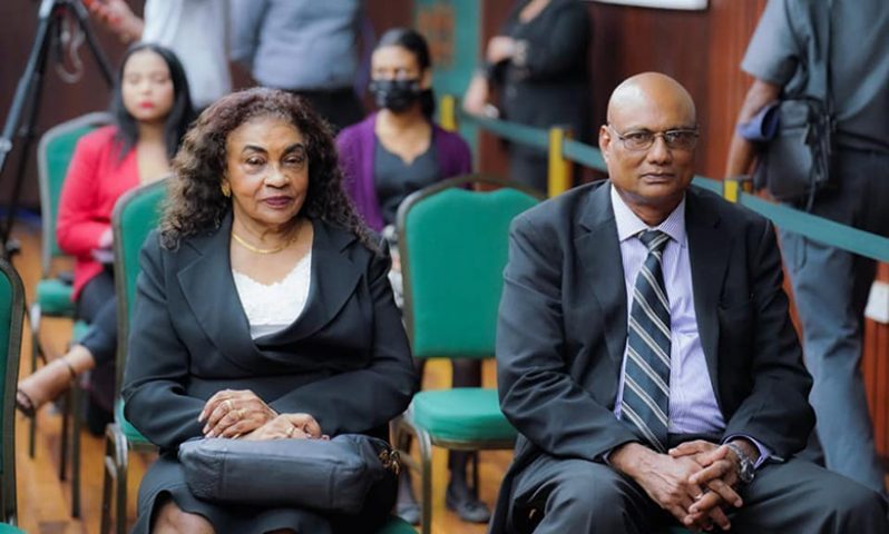 Chairman of the Guyana Elections Commission (GECOM), Justice (Ret’d) Claudette Singh and GECOM’s Chief Elections Officer, Vishnu Persaud, on Tuesday, at the swearing-in ceremony of the newly appointed GECOM Commissioner (Office of the President photo)