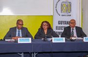 From left to right: Deputy Chief Elections Officer (CEO) Aneal Giddings, GECOM Chairperson Justice (ret’d) Claudette Singh, and CEO Vishnu Persaud during Friday’s  press conference (DPI photo)