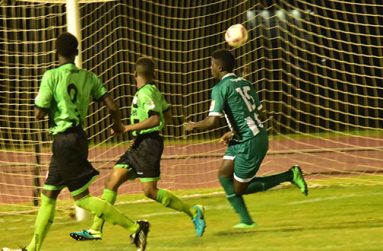 Amar Jones (15) heads home goal number two for the Cup holders  and defending Champions, Wismar/Christianburg .