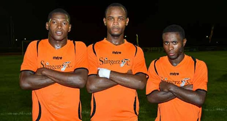 Slingerz’s Julian Wade (centre) who scored a helmet-trick is flanked by his team-mates Trayon Bobb (left) and Domini Garnett, both of whom netted a double each.