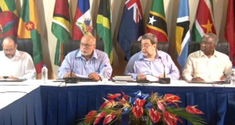 CARICOM Chairman and St Vincent and the Grenadines Prime Minister Dr. Ralph Gonsalves speaking at a press conference after the 25th CARICOM Heads Inter-sessional meeting. Also in photo are, from left, Secretary General of CARICOM Irwin LaRocque, Guyana’s President Donald Ramotar and Barbados Prime Minister Dr Freundel Stuart