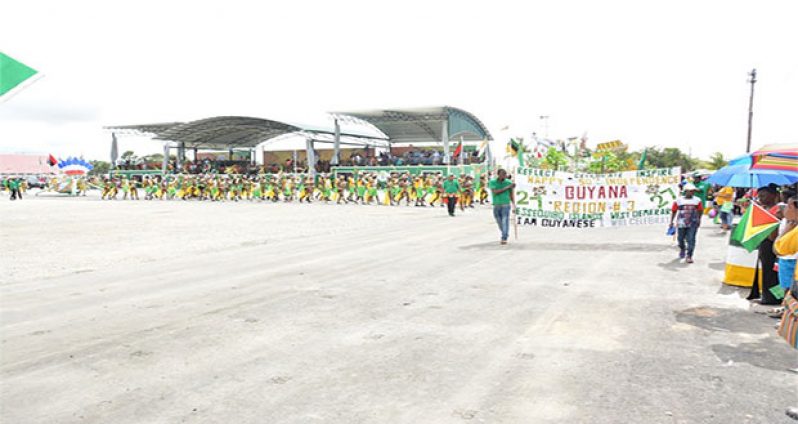 A band from Essequibo Islands-West Demerara (Region 3) arrives at the Durban Park during the Independence Day Float Parade