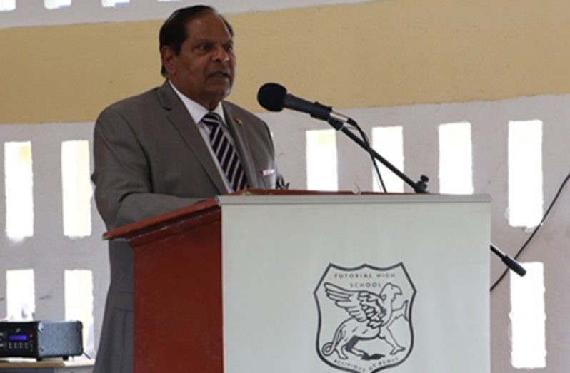 Prime Minister Moses Nagamootoo as he delivered the feature address at the Tutorial High School graduation
