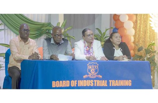 From Left: BIT CEO, Richard Maughn, Minister of Labour Joseph Hamilton, and Technical Officers of Region Four, Rima Rohee and Deborah Mc Beth (Japheth Savory photo)