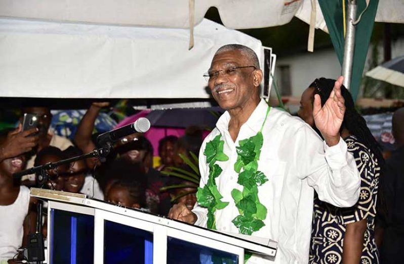 President David Granger speaks at the commissioning of the play park at the Victory Valley Community Centre Ground, Wismar, Linden