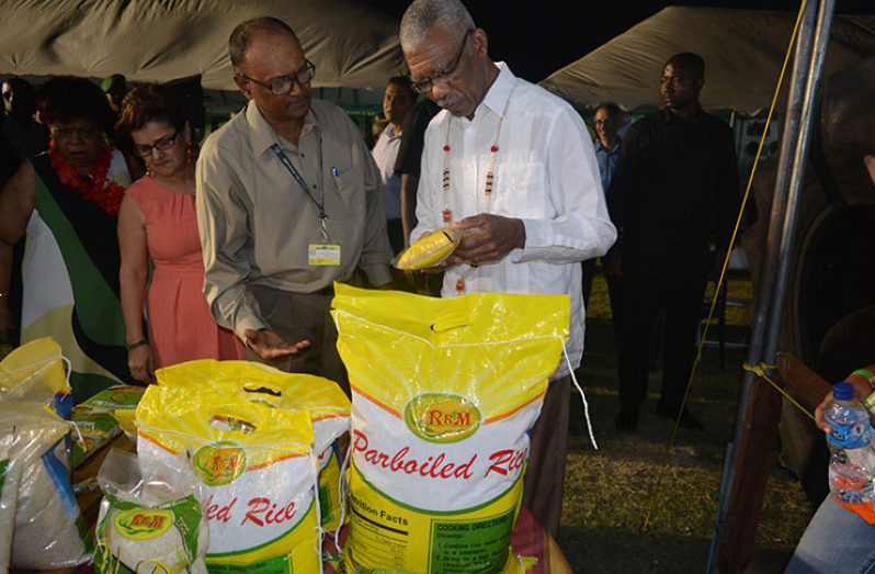 President David Granger and Essequibo Chamber of Commerce President Deleep Singh, discuss rice at the Essequibo Expo.
Looking on are Mrs Waveney Singh and (left) Minister of Social Cohesion, Amna Ally