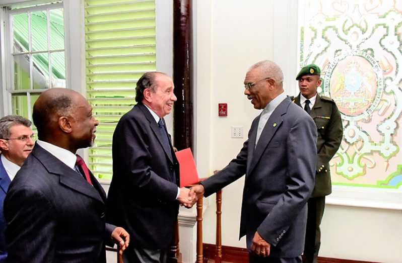 President David Granger greets Brazil’s Minister of Foreign Affairs, Aloysio Nunes Ferreira at State House on Thursday (Ministry of the Presidency photo)
 