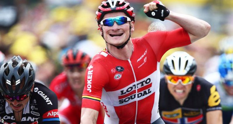 Andre Greipel celebrates after finishing Stage 15 ahead of the World’s top cyclists.