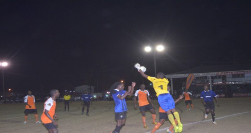 Conquerors are denied by Monedderlust custodian, during their Stag Elite League match at the GDF ground. (Cullen Bess-Nelson photo)