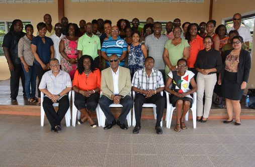 Fredrick McWilfred, political assistant to  Minister of State; Abena Moore, permanent secretary, Ministry of the Presidency; Minister of State,  Joseph Harmon; Reginald Brotherson, head, Department of Public Service; and Sandra Jones, lead facilitator of the training