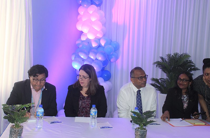 from left to right: Daniel Albrecht, Advisor, Health Systems and Service, PAHO Guyana; Dr. Carla Ventura, Professor at the College of Nursing at University of Sao Paulo; Dr. Frank Anthony, Minister of Health, and Chandroutie Persaud ,the Deputy Director of HSE (Japheth Savory Photos)