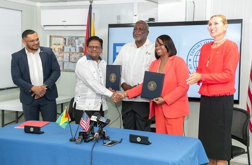 From left, Natural Resources Minister, Vickram Bharat; Senior Minister in the Office of the President with Responsibility for Finance and the Public Service, Dr. Ashni Singh; Prime Minister, Brigadier (Ret’d), Mark Phillips; US EXIM Bank’s President and Chairperson, Reta Jo Lewis and US ambassador to Guyana, Nicole Theriot during the official presentation of the US$526 million loan agreement (Delano Williams photos)