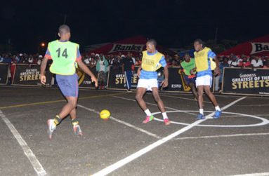 Part of Wednesday night’s action in the Georgetown leg of the Guinness ‘Greatest of De Streets’ Futsal Football tournament.