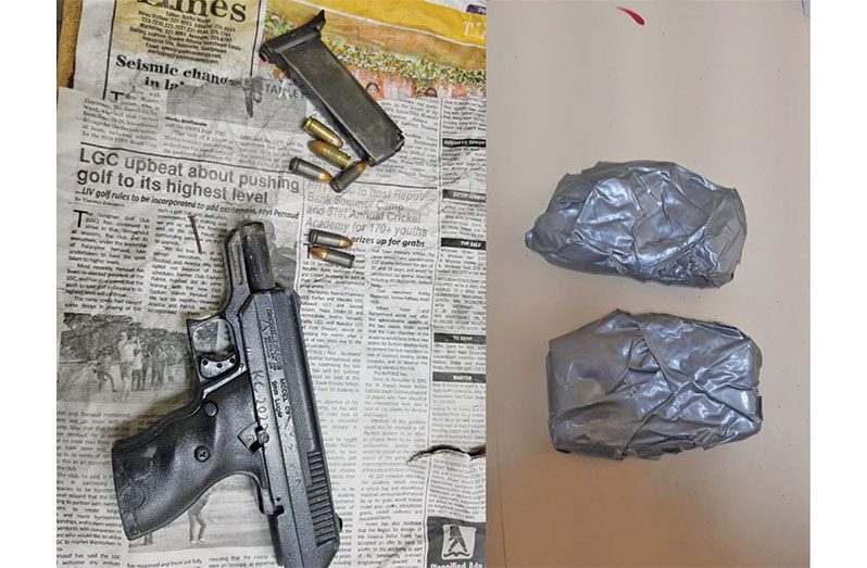 The gun, ammunition and raw gold that were seized by the police at Supenaam on Sunday