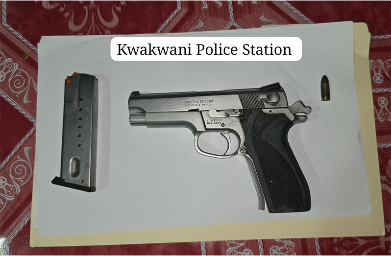 The Smith & Wesson 9mm pistol, magazine and live round of ammunition recovered by police during an intelligence-led operation at Kwakwani Park Airstrip, Upper Berbice River.