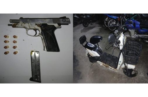 The unlicensed gun, ammunition and electric cycle which are now in the custody of the police (GPF photo)
