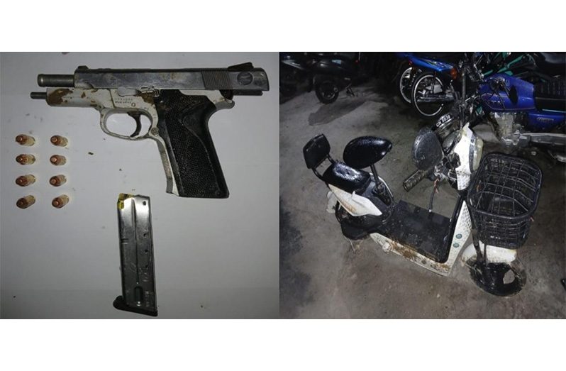 The unlicensed gun, ammunition and electric cycle which are now in the custody of the police (GPF photo)