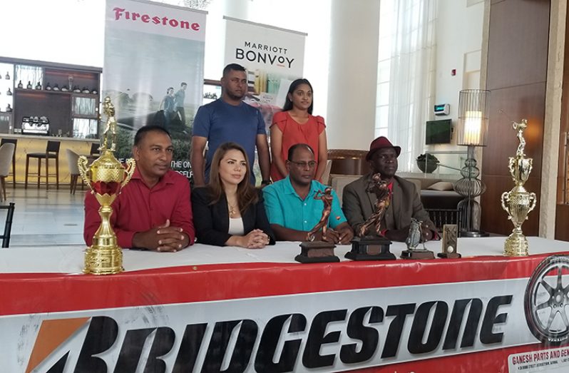 From left, LGC president Aleem Hussain; Marriott Guyana Director of Sales, Sandra Bernal; LGC treasurer Aasrodeen Shaw; LGC Public Relations Officer, Bishop Guy Griffith (standing back row); Guyana Open Champion Avinash Persaud and LGC Assistant Club Captain Dr Joaan Deo. (Clifton Ross photo)