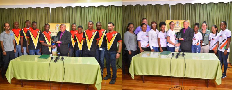 Guyana’s CAC male and female teams were presented with a ‘plaque’ of appreciation by the Minister of Social Cohesion Dr George Norton. (Samuel Maughn photos)