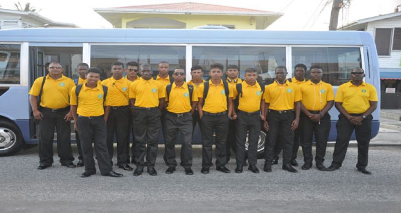 A confident Guyana Under-17 team before they boarded the bus for the Cheddi Jagan International Airport yesterday
