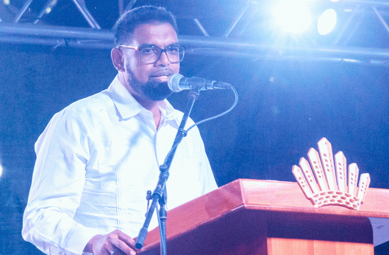 President Dr Irfaan Ali delivers his address at the opening of GuyExpo 2024 (Japheth Savory photo)