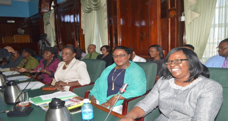 Happy faces! Government Ministers Dr Karen Cummings, Simona Broomes, Nicollete Henry and Valerie Patterson are all smiles just before the budget presentation