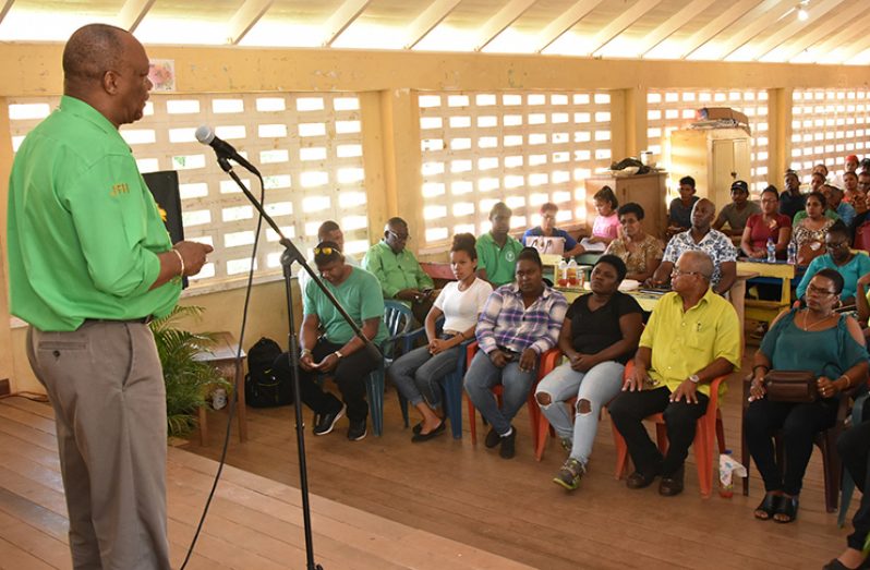 Minister of State, Mr. Joseph Harmon addresses residents of Mabaruma, Region One, at a community meeting held at the Mabaruma Primary School on Sunday