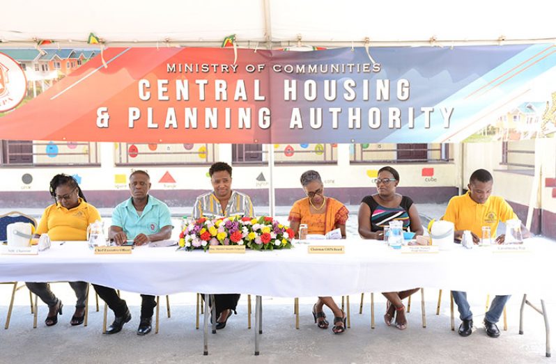 From right) NDC Chairman, Dolis Eadies; CEO, Central Housing and Planning Authority, Lelon Saul; Minister within the Ministry of Communities, Annette Ferguson; Chairman CH&PA Board, Glenyss James; Parfaite Harmonie, Nursery School Headteacher, Vanetta Knights; Constituency Representative, Denzil St. Hill