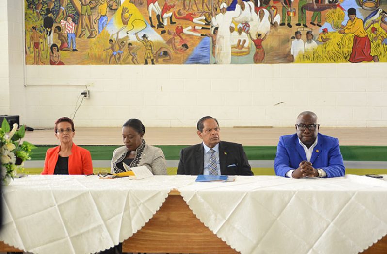 At Monday’s parent-teacher caucus are, from left:  Deputy Chief Education Officer, Ingrid Trotman; Minister of Education, Nicolette Henry; Prime Minister Moses Nagamootoo; and Chief Education Officer, Marcel Hudson