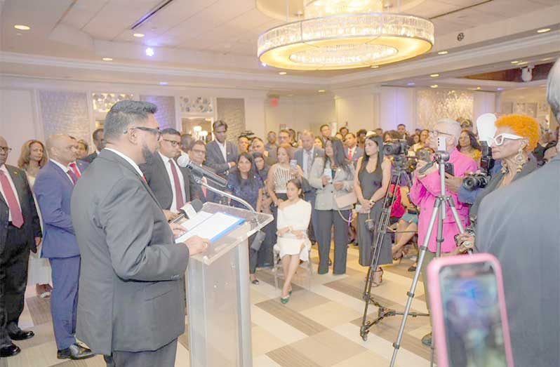 President, Dr. Irfaan Ali during his address at Tuesday’s diaspora engagement in New York
